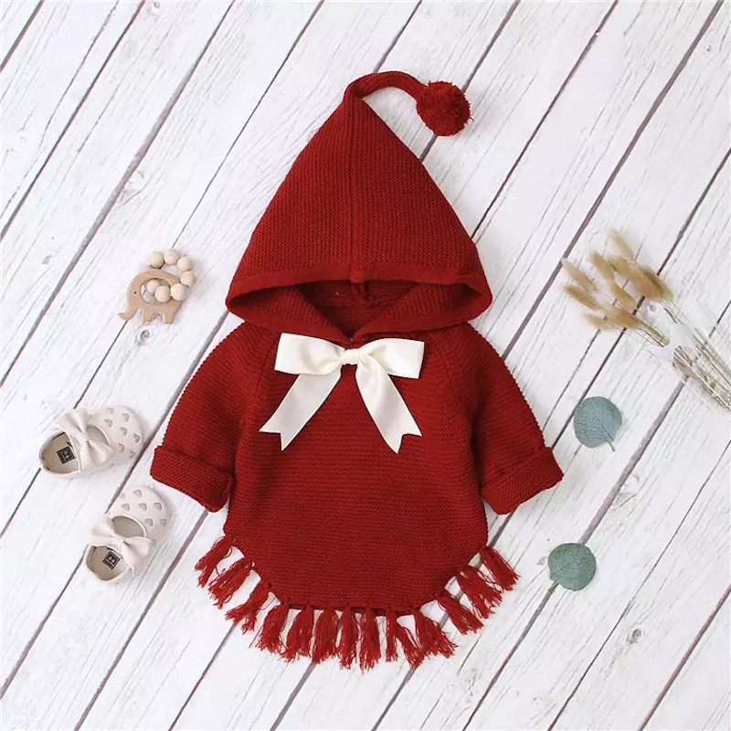 Winter 3M-24M Long Sleeve Knitted Fringed Hem Hooded Baby Sweater RED